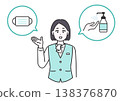 Simple vector illustration of a medical office staff member instructing patients to wear masks and sanitize their hands. 138376870