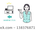 Simple vector illustration of a medical office staff member guiding customers to the payment counter and an automated payment machine. 138376871