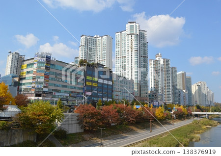 韓國京畿道城南市的秋葉和摩天大樓。 138376919