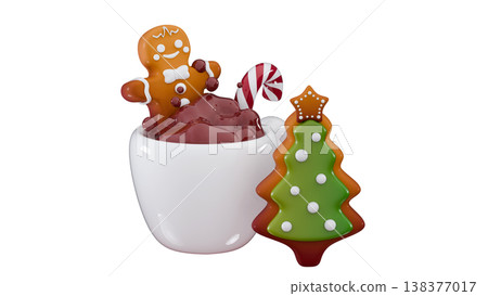 3d gingerbread man, mug of hot chocolate, candy and cookies Merry Christmas and Happy New Year 138377017