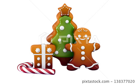 3d gingerbread man, gingerbread tree, gift and candy Merry Christmas and Happy New Year Holiday Xmas 3d gingerbread man, gingerbread tree, gift and candy Merry Christmas and Happy New Year Holiday Xmas 138377020