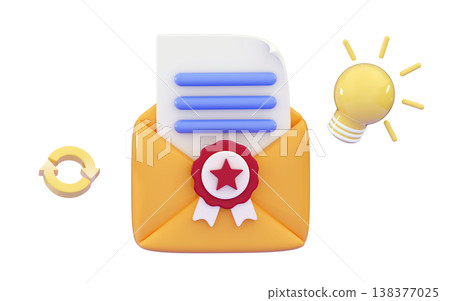 3d yellow open mail envelope with paper and stamp White sheet of paper with blue text Business news 3d yellow open mail envelope with paper and stamp White sheet of paper with blue text Business news 138377025