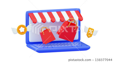 3d Online shopping on website Shopping bags in web store on laptop screen Digital marketing concept 138377044