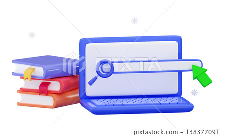 3d online book search Laptop with stack books Education concept Online learning 138377091