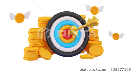 3d hitting dart target and flying coins with wings Trading Business start-up concept 138377106
