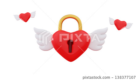 3d heart lock with wings flying Valentine's Day illustration Red hearts 3d heart lock with wings flying Valentine's Day illustration Red hearts 138377107