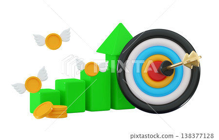 3d hitting dart target and flying coins with wings 138377128