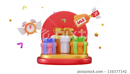 3D Party confetti with stack Christmas gifts boxs Podium with present 3D Party confetti with stack Christmas gifts boxs Podium with present 138377142
