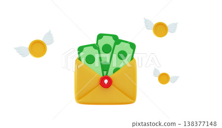 3d Opened envelope with money Salary, earning and savings 3d Opened envelope with money Salary, earning and savings 138377148