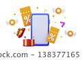 3D Party confetti on mobile phone Cute cartoon smartphone with open gift box with celebratory confetti 138377165