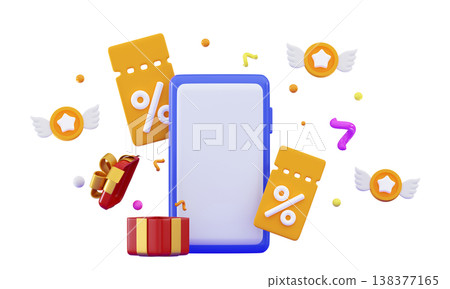 3D Party confetti on mobile phone Cute cartoon smartphone with open gift box with celebratory confetti 3D Party confetti on mobile phone Cute cartoon smartphone with open gift box with celebratory confetti 138377165