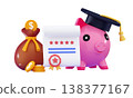 3D Student loan concept Piggy bank, graduation cap, money bag, diploma, coins 138377167