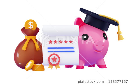 3D Student loan concept Piggy bank, graduation cap, money bag, diploma, coins 138377167