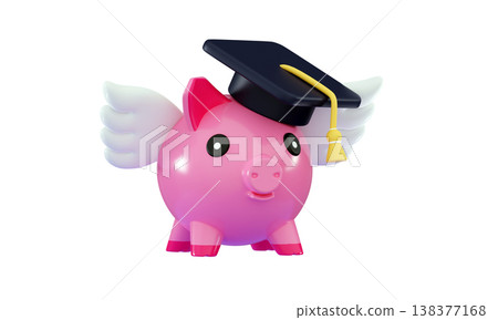 3D Student loan concept Piggy bank with graduation cap with wings 3D Student loan concept Piggy bank with graduation cap with wings 138377168