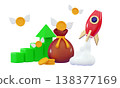 3d flying space rocket with coin wing, trading graph and money bag 138377169