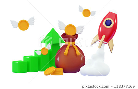 3d flying space rocket with coin wing, trading graph and money bag 3d flying space rocket with coin wing, trading graph and money bag 138377169