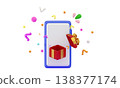 3D Party confetti on mobile phone Cute cartoon smartphone with open gift box with celebratory confetti 138377174
