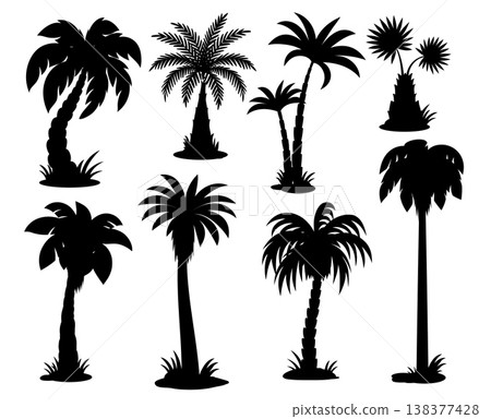 Tropical palm tree silhouettes. Coconut with curved trunks, fan palms with distinct broad leaves, date and royal, double coconut palms. Black silhouettes of beach resort palms Tropical palm tree silhouettes. Coconut with curved trunks, fan palms with distinct broad leaves, date and royal, double coconut palms. Black silhouettes of beach resort palms 138377428