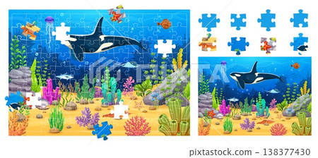 Jigsaw puzzle game pieces with killer whale and underwater landscape, vector cartoon worksheet. Kids jigsaw puzzle pieces with orca whale, funny flounder, starfish and tuna fish in coral reef seaweeds Jigsaw puzzle game pieces with killer whale and underwater landscape, vector cartoon worksheet. Kids jigsaw puzzle pieces with orca whale, funny flounder, starfish and tuna fish in coral reef seaweeds 138377430