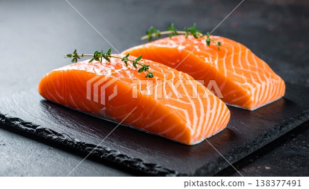 Salmon slices sashimi with thyme on a rustic slate platter against a dark backdrop 138377491
