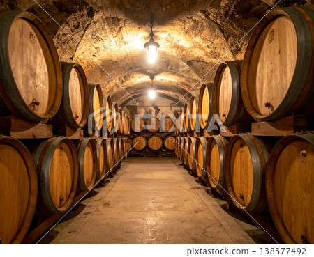 View of oak wine barrels stored in a traditional cellar View of oak wine barrels stored in a traditional cellar 138377492