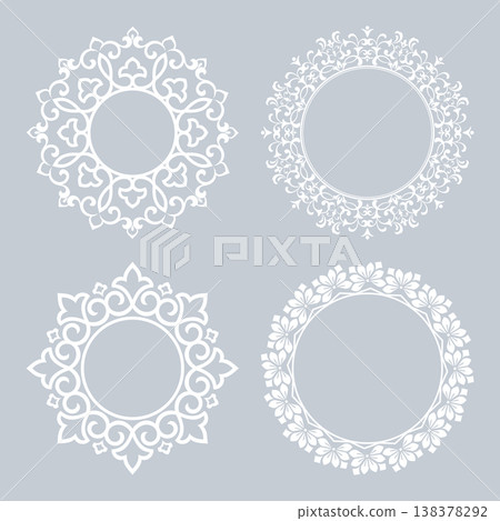 Set of decorative frames Elegant vector element for design in Eastern style, place for text. Floral gray and white frames. Lace illustration for invitations and greeting cards Set of decorative frames Elegant vector element for design in Eastern style, place for text. Floral gray and white frames. Lace illustration for invitations and greeting cards 138378292