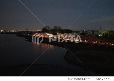 Night view of Kawagoe City and cherry blossoms in full bloom at Isanuma Lake, Kawagoe City, Saitama Prefecture (aerial photography by drone) 138378360