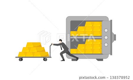 Professional Businessman Transferring Heavy Gold Bullion Bars on Trolley from Secure Vault for Financial Asset Protection and Economic Emergency Strategy During War Times 138378952