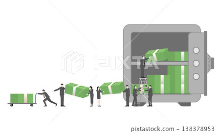 Financial Teamwork and Crisis Management Concept with Business People Moving Large Stacks of Banknotes from Safe Storage for Economic Recovery and Emergency Cash Flow During War Financial Teamwork and Crisis Management Concept with Business People Moving Large Stacks of Banknotes from Safe Storage for Economic Recovery and Emergency Cash Flow During War 138378953