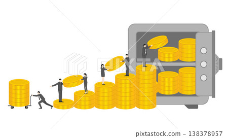 Group of Business People Collaborating on Stacks of Gold Coins to Move Assets from Safe Deposit Box for Financial Stability and Monetary Crisis Management Strategies Group of Business People Collaborating on Stacks of Gold Coins to Move Assets from Safe Deposit Box for Financial Stability and Monetary Crisis Management Strategies 138378957
