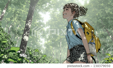 A young woman enjoys trekking in the forest in early summer | A refreshing lifestyle of fresh greenery and the outdoors 138379050