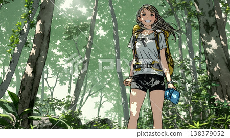 一位年輕女子在初夏時節享受著森林健行的樂趣 | 清新綠意與戶外生活帶來的愜意生活方式 138379052