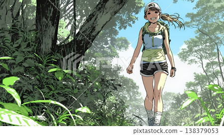 一位年輕女子在初夏時節享受著森林健行的樂趣 | 清新綠意與戶外生活帶來的愜意生活方式 138379053