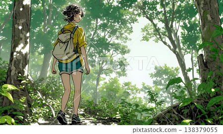 一位年輕女子在初夏時節享受著森林健行的樂趣 | 清新綠意與戶外生活帶來的愜意生活方式 138379055