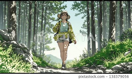 一位年輕女子在初夏時節享受著森林健行的樂趣 | 清新綠意與戶外生活帶來的愜意生活方式 138379056