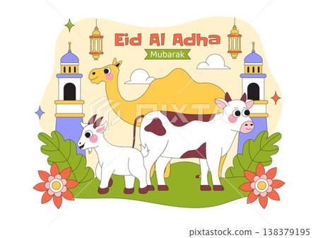 Eid Al Adha Vector Illustration Featuring Muslim Children, Mosque Background, Sheep Sacrifice Symbol, and Islamic Holiday Celebration Design 138379195