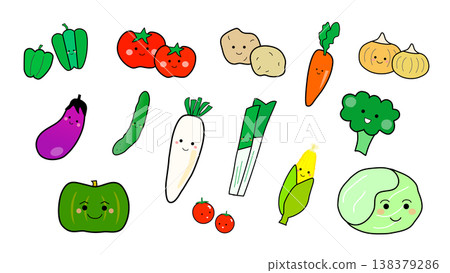 A set of illustrations of vegetables with cute faces. 138379286