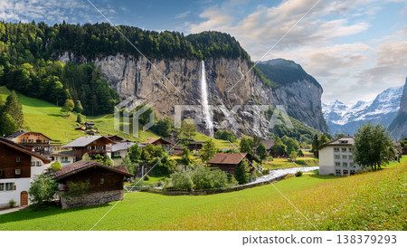 一幅描繪瑞士山谷村莊和瀑布的插圖。 138379293