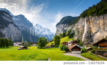 An illustration of a Swiss valley village with a waterfall. An illustration of a Swiss valley village with a waterfall. 138379294