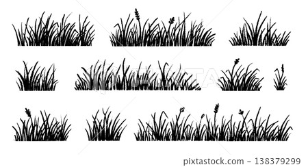 Grass doodle vector line set. Hand drawn grass sketch with meadow field lawn blade flower bush crayon chalk texture. Cute cartoon garden pattern scribble nature background. Vector 138379299