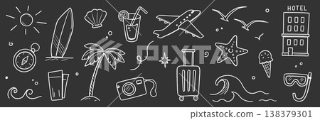 Chalk summer travel doodle icon set. Hand drawn chalkboard vacation holiday beach trip sketch on blackboard. Cute doodle sunglasses palm ice cream suitcase sun adventure. Vector Chalk summer travel doodle icon set. Hand drawn chalkboard vacation holiday beach trip sketch on blackboard. Cute doodle sunglasses palm ice cream suitcase sun adventure. Vector 138379301