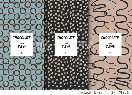 Modern dark chocolate packaging design collection. Set of three wrappers featuring abstract hand drawn seamless patterns with blue circles, black dotted texture, and beige wavy lines. Vector mockup. 138379578