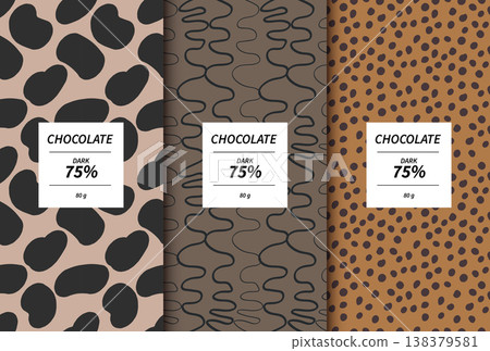 Earthy tone dark chocolate packaging wrapper design template. Set of three mockups featuring abstract seamless patterns with organic blob shapes, intersecting wavy lines, and small irregular black. Earthy tone dark chocolate packaging wrapper design template. Set of three mockups featuring abstract seamless patterns with organic blob shapes, intersecting wavy lines, and small irregular black. 138379581