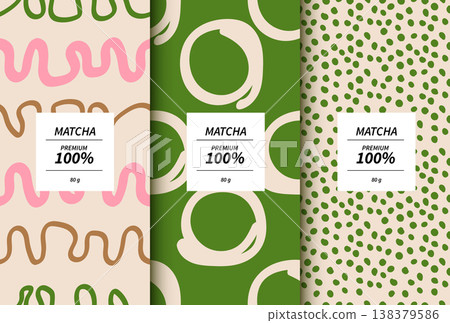 Premium matcha green tea packaging design templates with abstract hand-drawn doodle patterns. Set of product labels with pink and green seamless backgrounds for cosmetic, food or drink branding. Premium matcha green tea packaging design templates with abstract hand-drawn doodle patterns. Set of product labels with pink and green seamless backgrounds for cosmetic, food or drink branding. 138379586
