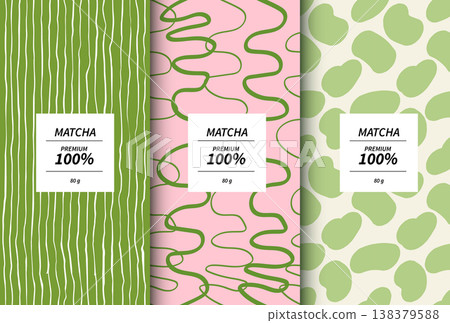 Premium matcha green tea packaging design templates with abstract hand-drawn doodle patterns. Set of product labels with pink and green seamless backgrounds for cosmetic, food or drink branding. 138379588