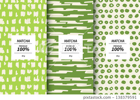 Premium matcha green tea packaging design templates with abstract hand-drawn doodle patterns. Set of product labels with pink and green seamless backgrounds for cosmetic, food or drink branding. Premium matcha green tea packaging design templates with abstract hand-drawn doodle patterns. Set of product labels with pink and green seamless backgrounds for cosmetic, food or drink branding. 138379591