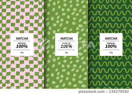Premium matcha green tea packaging design templates with abstract hand-drawn doodle patterns. Set of product labels with pink and green seamless backgrounds for cosmetic, food or drink branding. Premium matcha green tea packaging design templates with abstract hand-drawn doodle patterns. Set of product labels with pink and green seamless backgrounds for cosmetic, food or drink branding. 138379592