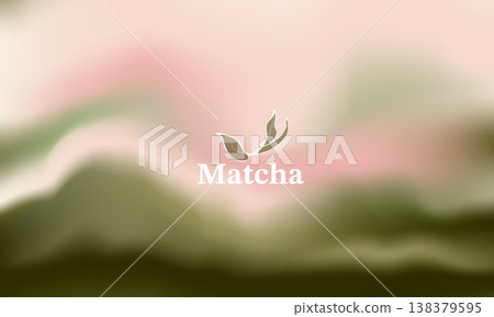 Abstract blurred pastel pink and olive green gradient background with minimalist Matcha tea leaf logo. Ideal for organic wellness brand identity, natural packaging, and calm zen backdrop illustration. 138379595