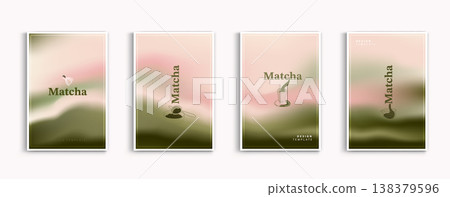 Matcha tea social media story templates with soft pink and olive green blurred gradient background. Minimalist aesthetic banners featuring chasen whisk, strainer, and cup line art for organic brand. 138379596