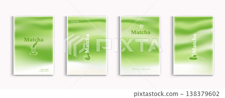 Matcha green tea vector design template set with blurred soft green gradient background and hand drawn line art icons. Minimalist cover illustration for cafe menu, drink packaging, poster and flyer. 138379602
